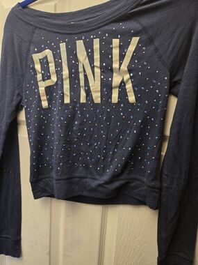 NWOT PINK Navy Blue Cropped Top With Rhinestones & Logo